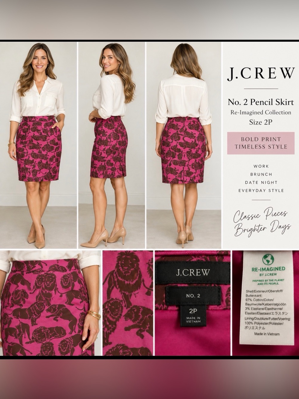 J.Crew No. 2 Pencil Skirt Pink Brown Lion Print Re-Imagined Size 2P